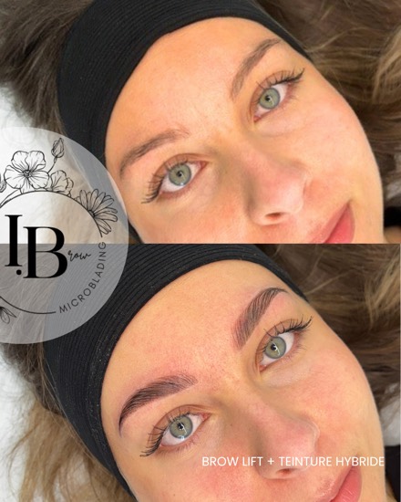 Avant / après brow lift avec teinture hybride : des sourcils liftés à l'effet maquillé.