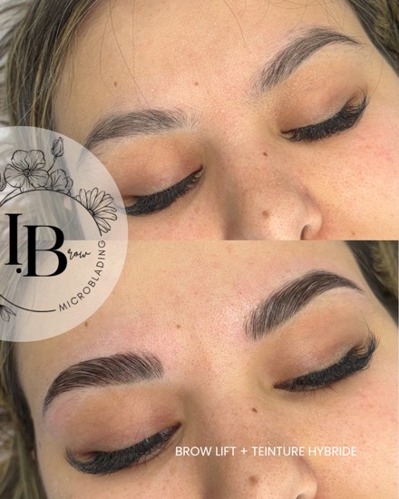 Avant / après brow lift avec teinture hybride : un regard mis en valeur.