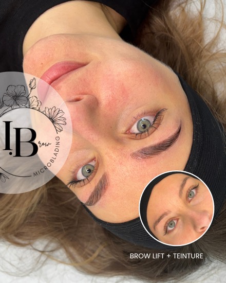 Avant / après brow lift avec teinture : sourcils disciplinés et intensifiés, le regard structuré, avant en médaillon.