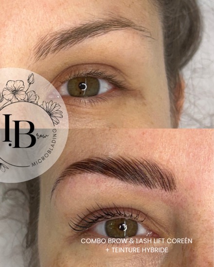 Avant / après d'un lash lift coréen associé à un brow lift avec teinture hybride.