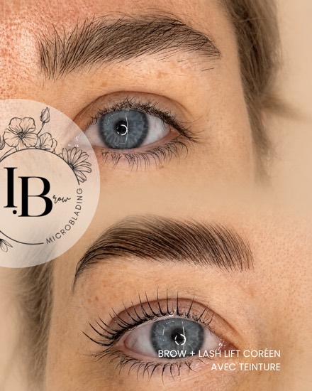 Avant / après en fondu d'un combo brow lift et lash lift coréen avec teinture : sourcil structuré et cils recourbés.