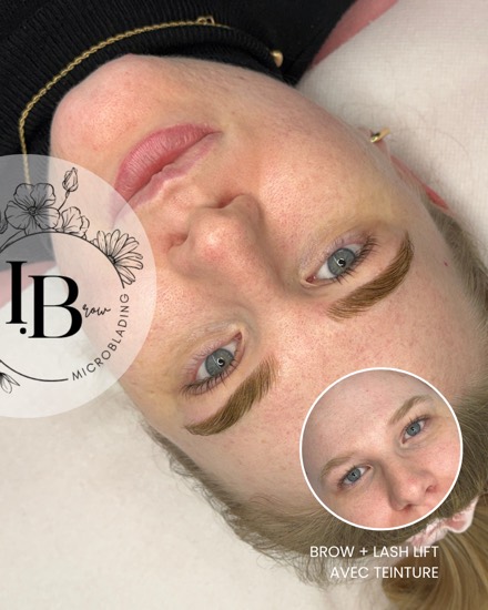 Résultat d'un combo brow lift et lash lift coréen avec teinture : sourcil structuré et cils recourbés, avant en médaillon.