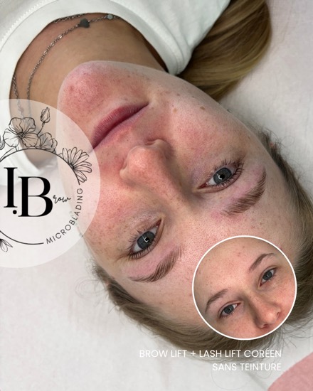 Résultat combo brow lift et lash lift coréen sans teinture : sourcil structuré et cils recourbés, avant en médaillon.