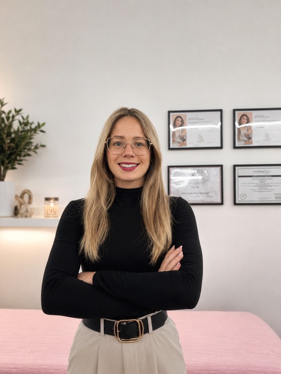 Ilona devant le mur de l'institut où sont encadrés ses certificats de formation.