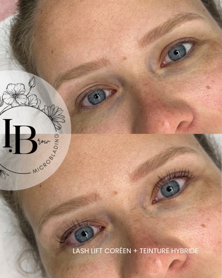 Avant / après lash lift coréen avec teinture : un effet mascara permanent sur des cils clairs.
