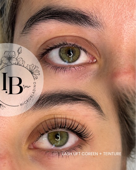 Avant / après lash lift coréen avec teinture : des cils recourbés dès la racine et intensifiés, le regard ouvert.