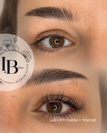Avant / après lash lift coréen avec teinture : des cils recourbés dès la racine, le regard ouvert.