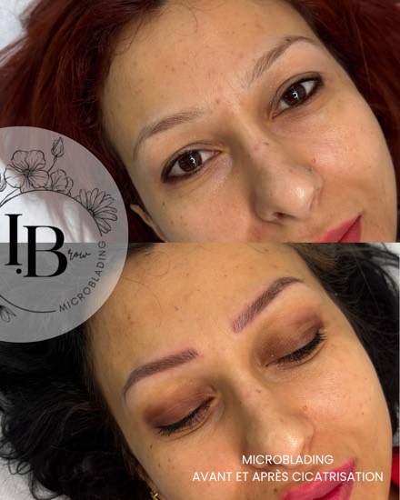 Avant / après microblading : sourcils densifiés, pigment et forme adaptés au souhait de la cliente.